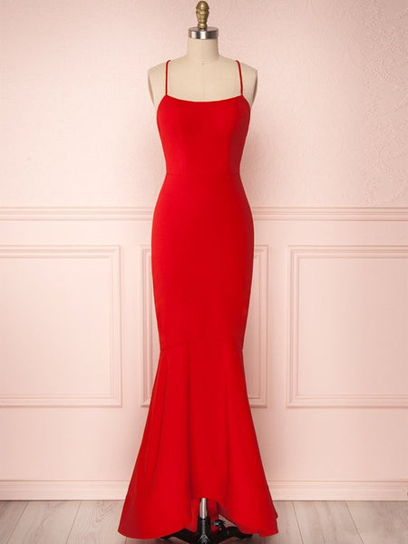 Thin shoulder strap Backless Mermaid Red Prom Dresses, Red Mermaid Backless Formal Evening Dresses