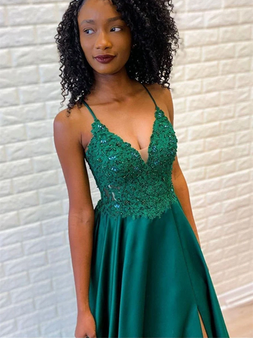 A Line V Neck Emerald Green Spaghetti Straps Lace Appliques Prom Dresses, Lace Emerald Green Formal Evening Dresses