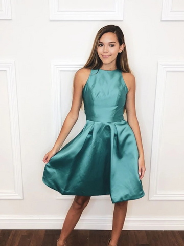 Simple Green Satin Short Prom Dresses, Short Green Formal Evening Homecoming Dresses