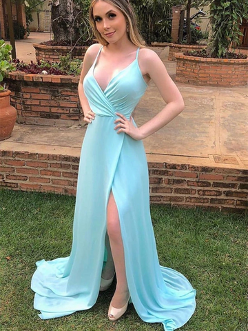 Sexy V Neck Backless Blue Long Prom Dresses with High Slit, V Neck Open Back Blue Formal Graduation Evening Dresses