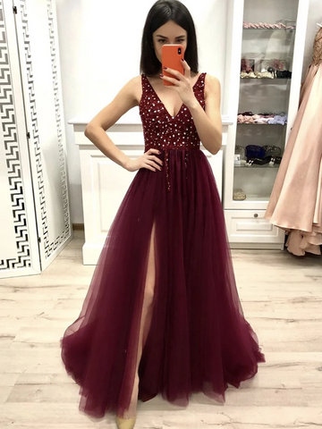 Stylish Burgundy V Neck Tulle Sequins Long Prom Dresses, Burgundy V Neck Tulle Sequins Formal Evening Dresses