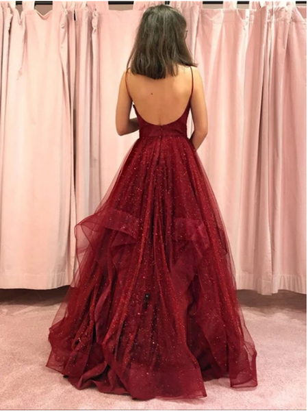 Burgundy V Neck Tulle Long Prom Dress, Burgundy V Neck Tulle Long Formal Evening Dress