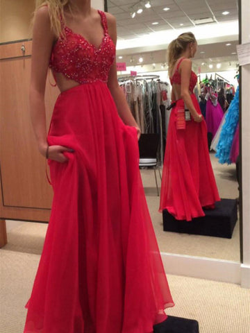 A Line V Neck Sleeveless Long Chiffon Prom Dress With Lace Beading, V Neck Sleeveless Long Chiffon Evening Dress