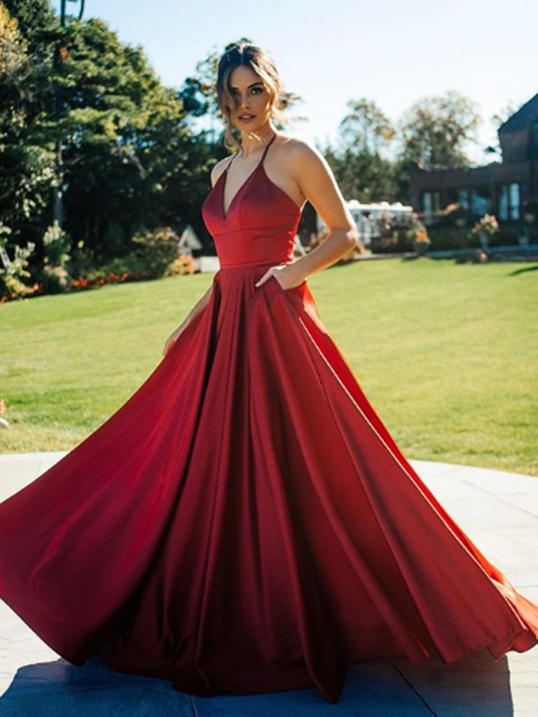 A Line V Neck Satin Burgundy Long Prom Dresses, V Neck Satin Burgundy Long Formal Evening Dresses