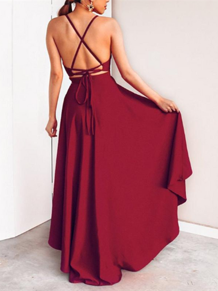 V Neck Burgundy High Low Prom Dresses, Burgundy High Low Graduation Formal Evening Dresses