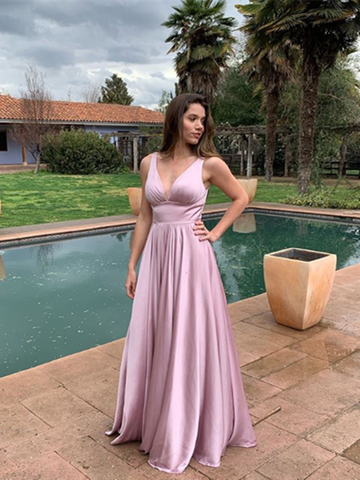 A Line V Neck Pink Long Prom Dresses, V Neck Pink Long Formal Evening Dresses