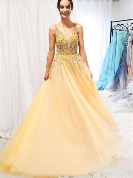 Gold V Neck Tulle Beads Long Prom Dress, Gold V Neck Tulle Beads Long Evening Dress