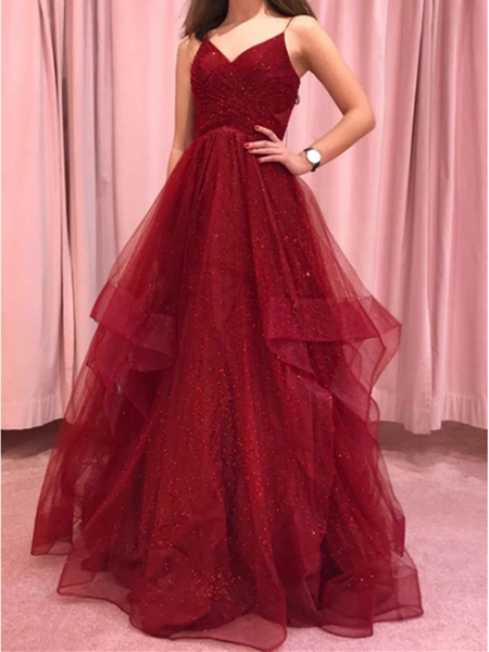 Burgundy V Neck Tulle Long Prom Dress, Burgundy V Neck Tulle Long Formal Evening Dress