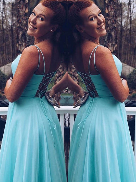 A Line Simple Blue Chiffon Long Prom Dress, Blue Chiffon Formal Evening Dress