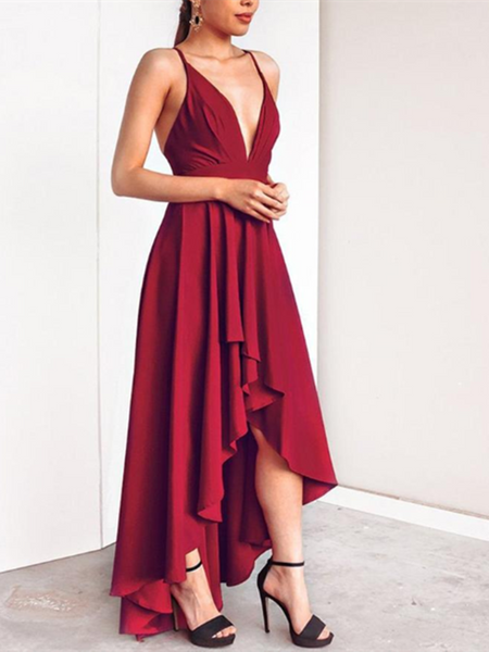 V Neck Burgundy High Low Prom Dresses, Burgundy High Low Graduation Formal Evening Dresses