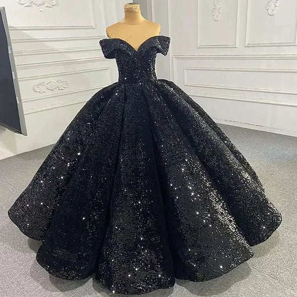 Shiny Off the Shoulder Black Prom Dresses, Shiny Off Shoulder Formal Evening Dresses