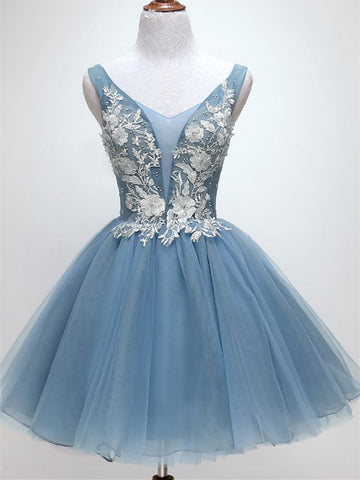 Blue Short lace Tulle Homecoming Dresses, Lovely Short Prom Dress 2019