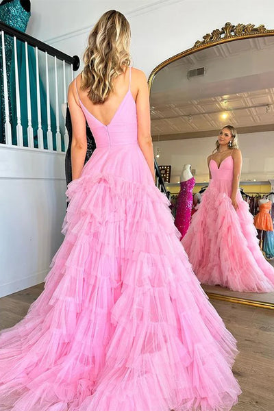 V Neck Open Back Pink Tulle Long Prom Dresses, V Neck Pink Formal Dresses, Long Pink Evening Dresses