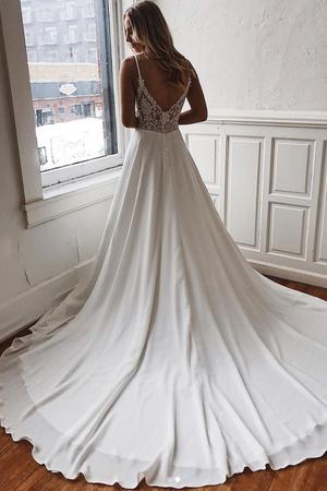 A Line V Neck White Wedding Dreses, White V Neck Prom Dresses, V Neck Evening Dresses