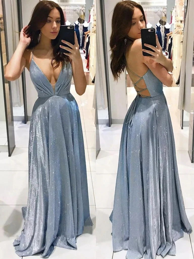 A Line V Neck Backless Blue Prom Dresses, Open Back Blue Long Formal Evening Dresses