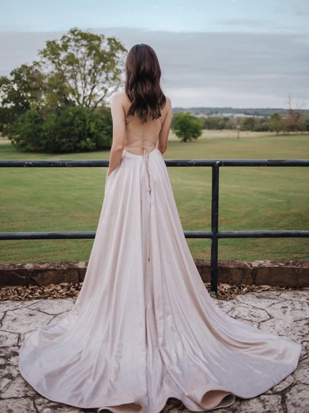 A Line Light Pink Satin Long Prom Dresses, Pink Backless Satin Long Formal Evening Dresses