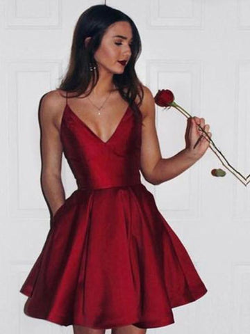 Sexy A Line V Neck Short Burgundy Prom Dress with Spaghetti Straps, Short V Neck Burgundy Homecoming Dress