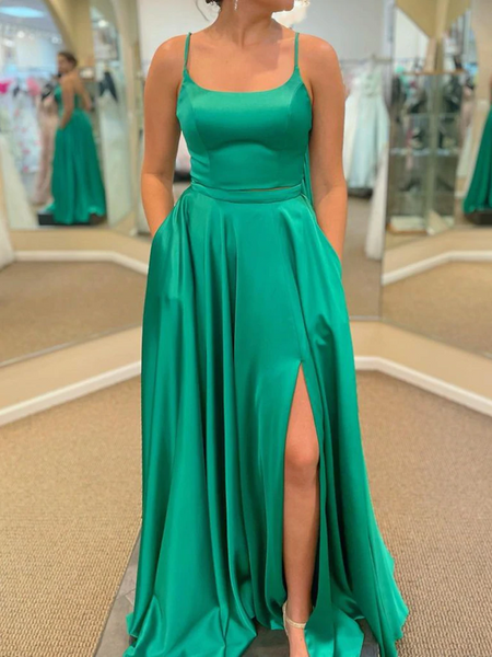 Simple Open Back Green Satin Long Prom Dresses with High Slit, Long Green Formal Graduation Evening Dresses