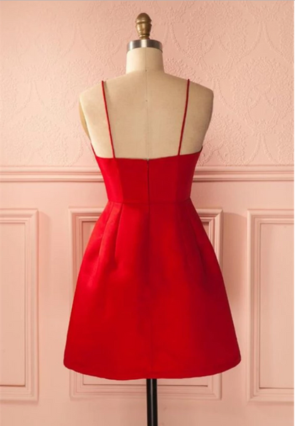 A Line Spaghetti Straps Red Backless Short Prom Dresses,  Red Satin Short Homecoming Graduation Formal Dresses