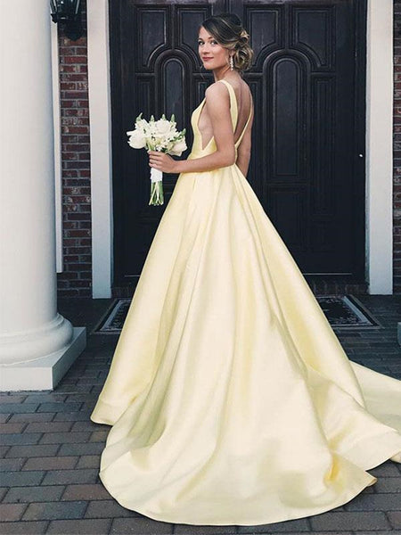 A Line V Neck Yellow Satin Long Prom Dresses, V Neck Backless Yellow Wedding Dresses, Formal Dresses