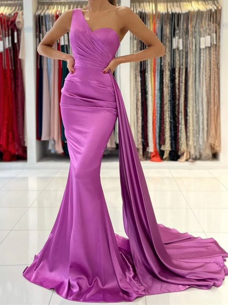 One Shoulder Purple Satin Mermaid Prom Dresses, One Shoulder Purple Satin Long Formal Evening Dresses