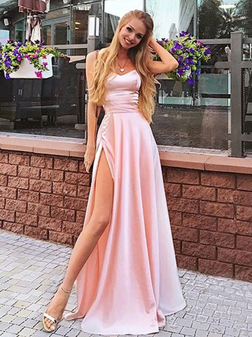 Pink Satin Long Prom Dresses, Pink Satin Long Formal Graduation Dresses