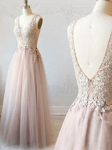 V neck tulle lace long prom dress, V neck lace formal evening dress