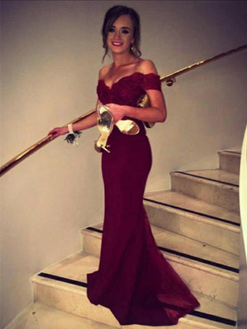 Custom Made Sweetheart Neck Off Shoulder Burgundy Lace Prom Dress, Bridesmaid Dress, Formal Dress