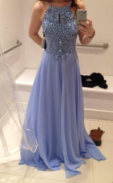 Sexy Spaghetti Straps Beaded Chiffon Long Backless Prom Dress, Long Formal Dress 