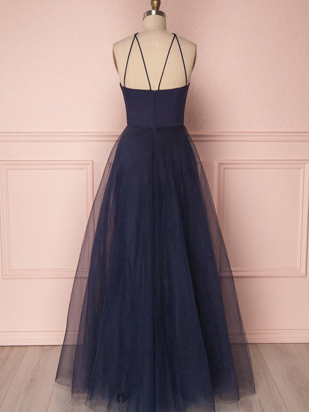 A Line Cross Neck Open Back Dark Navy Blue Prom Dress,Dark Navy Blue Tulle Long Formal Evening Dress 