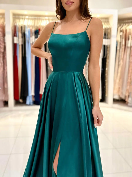 Simple A Line Dark Green Backless Satin Long Prom Dresses, Open Back Dark Green Long Formal Evening Dresses