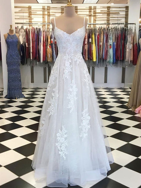 White Tulle Lace Long Prom Dress, White Tulle Lace Long Formal Evening Dress 