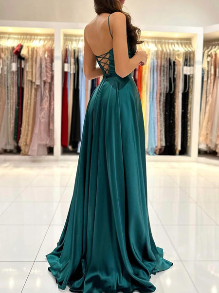 Simple A Line Dark Green Backless Satin Long Prom Dresses, Open Back Dark Green Long Formal Evening Dresses