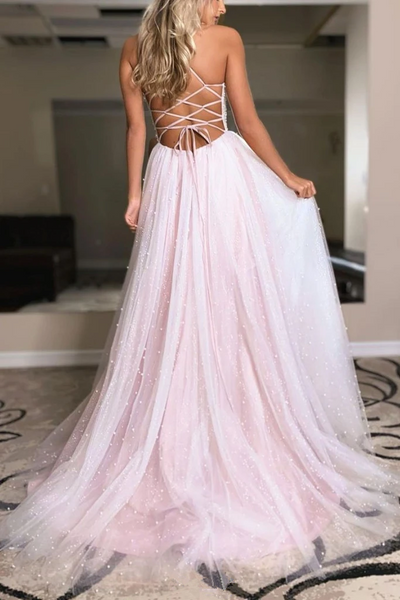 Deep V Neck Light Pink Backless Beaded Long Prom Dresss, Shiny Open Back Light Pink Formal Evening Dresses