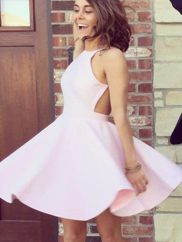 Custom Made A Line Pink Backless Short Prom Dresses, Pink Backless Homecoming Dresses, Pink Backless Formal Dresses