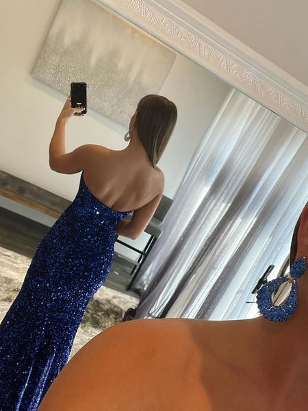 Strapless Shiny Blue Mermaid Prom Dresses, Shiny Backless Blue Formal Evening Dresses