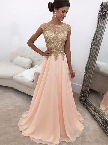 Custom Made A Line Round Neck Pink Chiffon Prom Dress, Pink Formal Dress