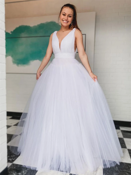 V Neck White Tulle Long Prom Dresses, V Neck White Tulle Long Formal Evening Dresses