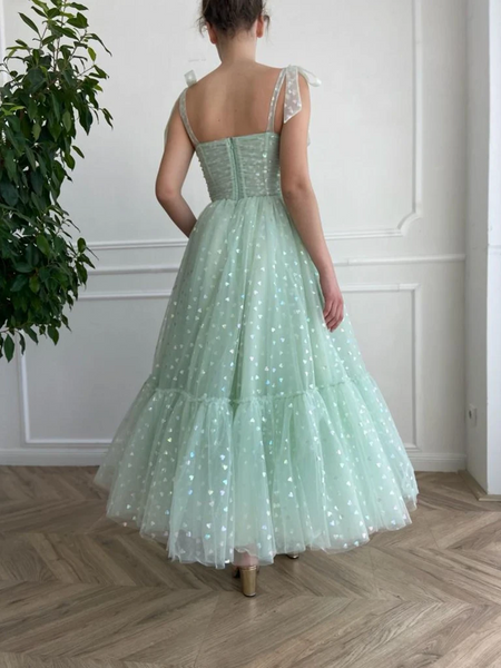 Simple Sweetheart Neck Ankle Length Green Tulle Prom Dresses, Ankle Length Green Formal Evening Dresses