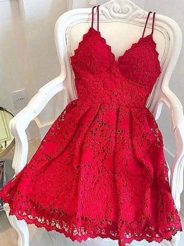 A Line V Neck Short Red Lace Prom Dresses, Short Red Lace Formal Homecoming Graduation Dresses