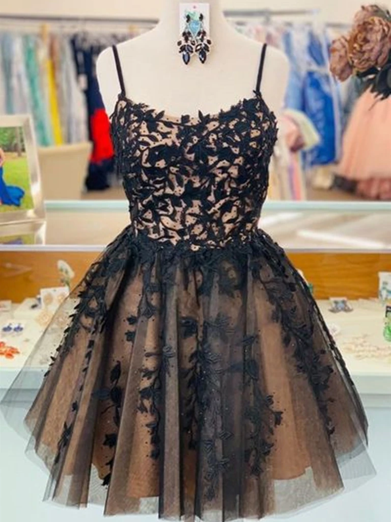 A Line Black Lace Short Prom Dresses, Short Black Lace Graduation Homecoming Dresses