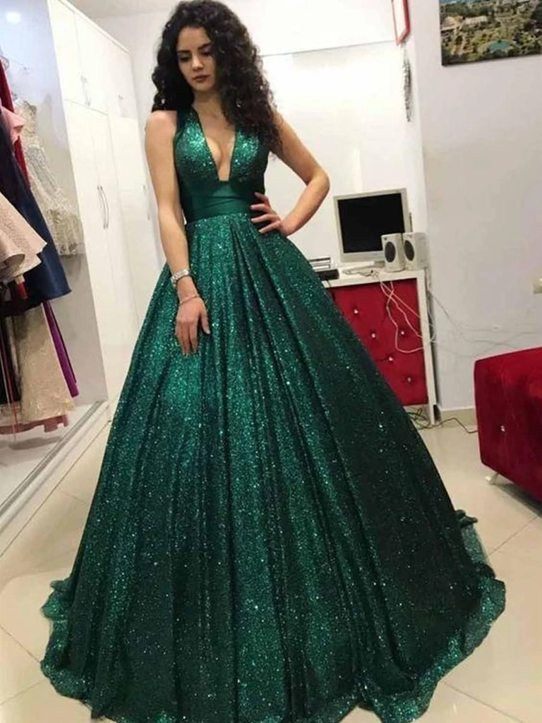 V Neck Dark Green Prom Dresses, Dark Green Long Formal Evening Dresses