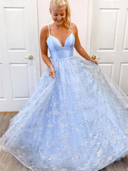 V Neck Sequin Blue Tulle Long Prom Dresses, V Neck Sequin Blue Tulle Long Formal Evening Dresses