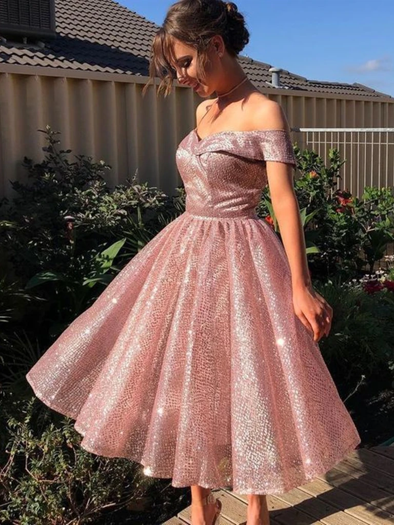 Off Shoulder Knee Length Rose Pink Prom Dresses, Off The Shoulde Sparkly Pink Formal Graduation Homecoming Dresses