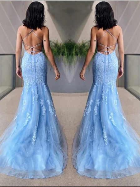 Mermaid Backless Light Blue Lace Long Prom Dresses, Mermaid Blue Formal Dresses, Light Blue Lace Evening Dresses