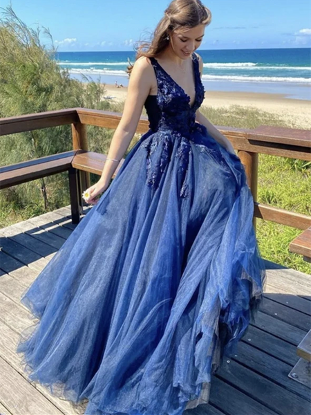 V Neck Blue Lace Tulle Long Prom Dresses, V Neck Blue Lace Tulle Long Formal Evening Dresses