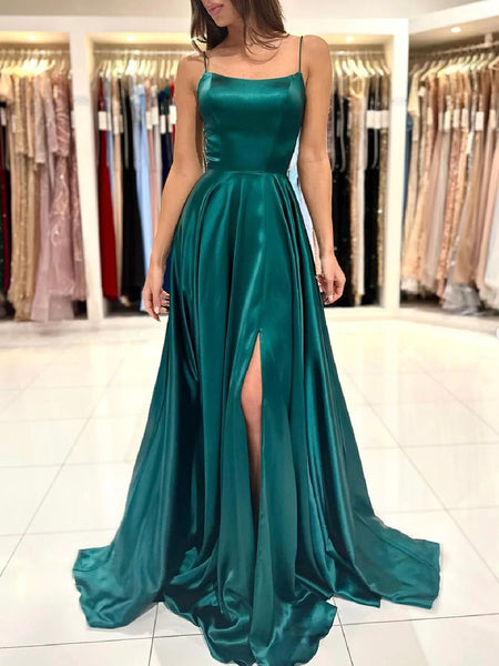 Simple A Line Dark Green Backless Satin Long Prom Dresses, Open Back Dark Green Long Formal Evening Dresses