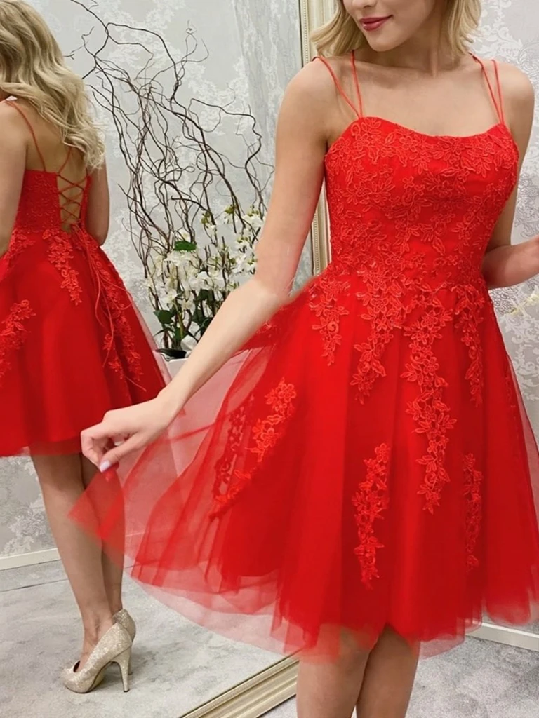 Spaghetti Straps Short Red Lace Prom Dresses, Short Red Lace Graduation Homecoming Dresses