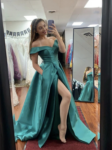 Green Off The Shoulder Satin Long Prom Dresses With Leg Slit, Long Satin Off Shoulder Green Formal Evening Dresses