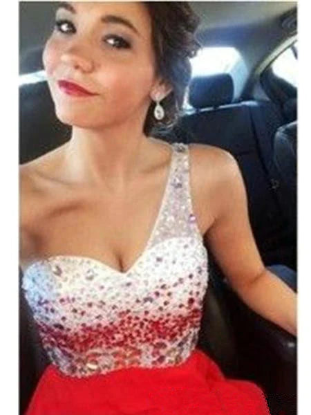 Custom Made A Line One Shoulder Red Backless Long Prom Dresses, Backless Long Formal Dresses